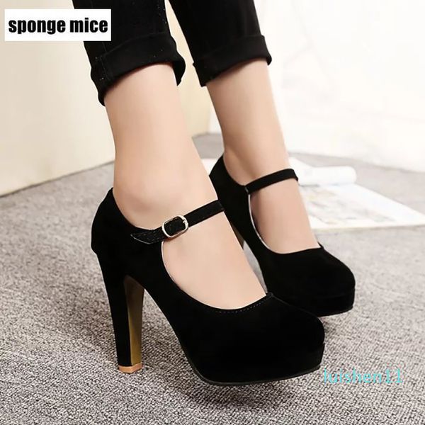

new women ol high heels black pumps 12cm female platform thick with round single shoes suede comfortable work shoes l11