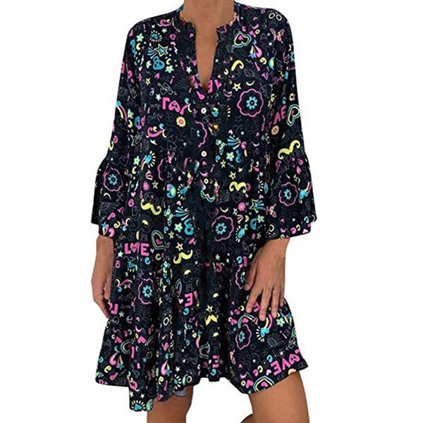 

women dress turn-down collar floral printed ladies beach summer holiday fashion evening long sleeve boho party dress, Black;gray