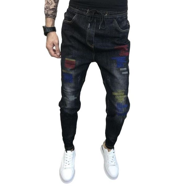 

idopy men`s denim joggers cargo pockets multi pockets street style elastic waist drawstring ripped joggers jeans for male, Blue