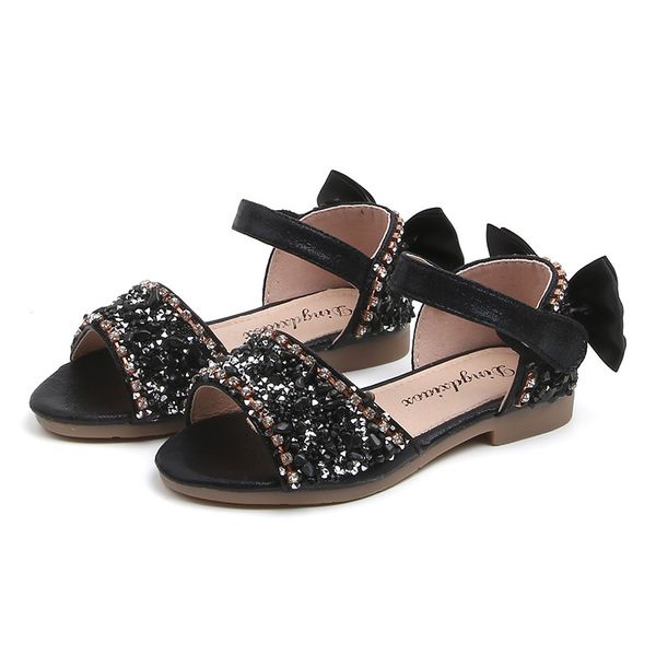 

sandals for girls summer children kids baby toddler bowknot crystal princess sandals girl flat open toe wedding party dress shoe, Black;red