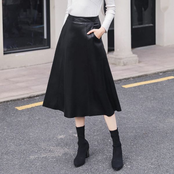 

2020 women spring genuine real sheep leather skirt w23, Black