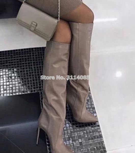 

european women coffee pointed toe knee high boots runway fashion tall boots stiletto heels high nightclub dress shoes, Black