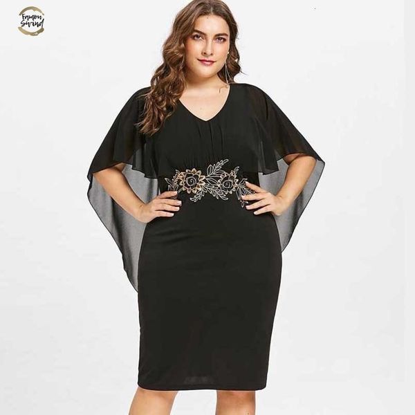 

fashions women plus size 5xl embroidery capelet semi sheer v neck party dress half sleeves sheath dress vestidos big size designer clothes, Black;gray