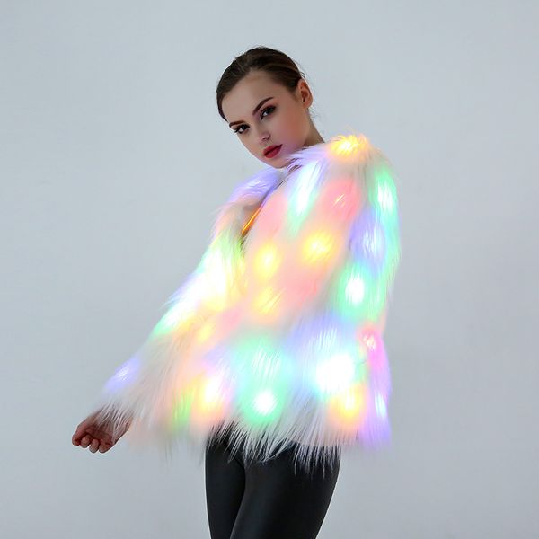 

winter led light faux fur coat costumes cosplay jacket festival winter warm party club hip outwear costume, Black