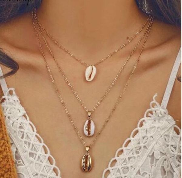 

three layers women shell pendant necklace gold silver stylish choker seashell vintage long chain necklace bohemian jewelry gift gb912