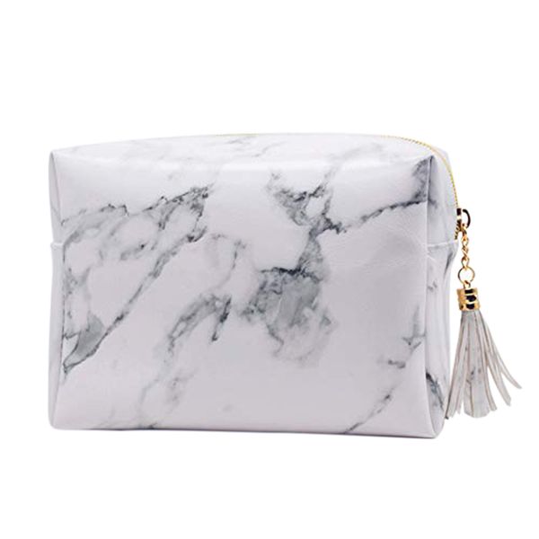 

high capacity marble pattern cosmetic bag makeup brushes kit bag handbag toiletry case gold zipper with beauty tassels (smal
