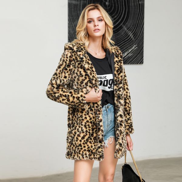

new arrival veste femme women jacket leopard faux fur outwear cardigan loose hooded with pocket winter coat chaqueta mujer, Black;brown