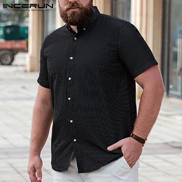 

incerun striped short sleeve men shirt summer lapel neck 2020 casual loose breathable fashion camisa masculina brand shirt s-5xl, White;black