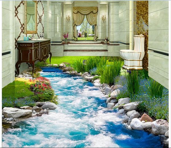 

3d pvc flooring custom p self-adhesive wall paper waterproof floor grassy river water home decor 3d wall murals wallpaper for walls 3 d