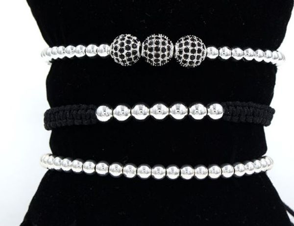 

4mm 3pcs/lot ih4 gold silver copper cz zircon cubic zirconia elastic ball bead crown punk macrame charm bracelet bangles, Black