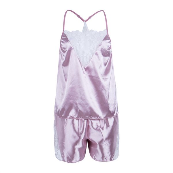 

2pcs women satin lace sleeveless shorts solid color sleepwear babydoll lingerie nightdress pajamas ladies clothes set, Blue;gray