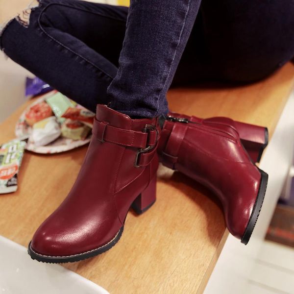 

2019 women's high heeled shoes soft pu leather round toe square heel platform autumn winter women shoes ankle boots women boots, Black