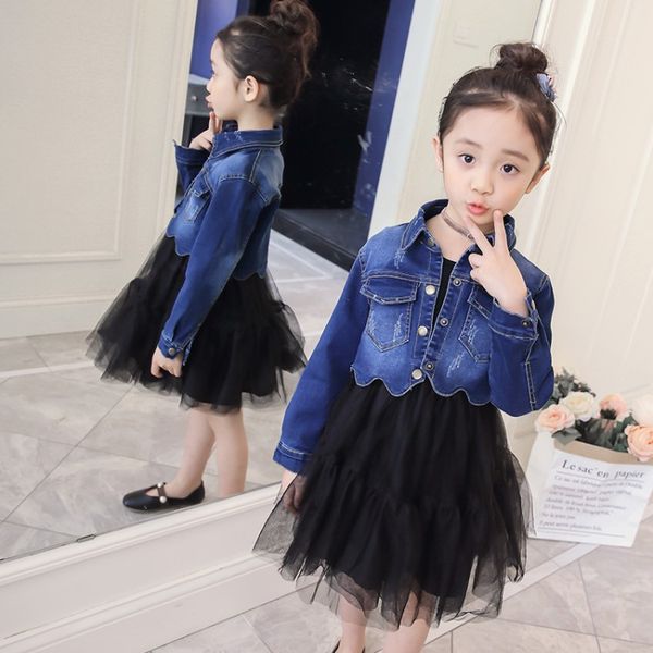 

принцесса для девочек-подростков джинсовая одежда осень-весенние джинсовые куртки + платье-пачка дети снова в школу комплекты для девочек 3, White