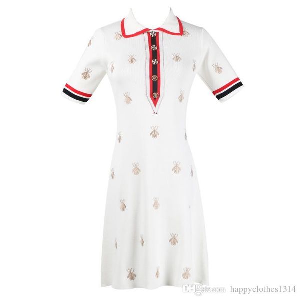 

новый летний стиль платье gg женская водолазка лацкан пчелиная вышивка высокая талия средней длины тонкий вязаный платье офис леди бизнес по, Black;gray