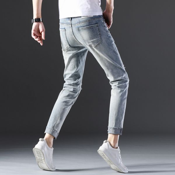 

new casual slim elastic blue jeans men ,men's pencil pants skinny jeans men slim fit straight ripped distressed pleated cotton