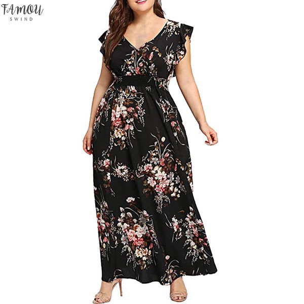 

women plus size 5xl summer beach chiffon dress v neck floral print boho sleeveless party elegant maxi dress hip n4, Black;gray