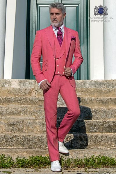 Модные арбузно-красные мужские свадебные смокинги Notch Lapel Groom Tuxedos Отличный мужской пиджак Блейзер Костюм из 3 предметов (куртка + брюки + галстук + жилет) 2760