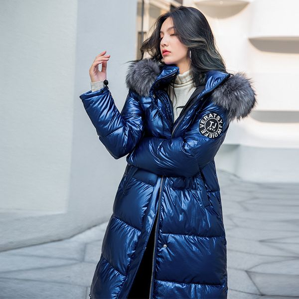 

winter down jackets warm glossy women ultra light long cotton coats big fur hooded fashion parka chaqueta mujer, Black