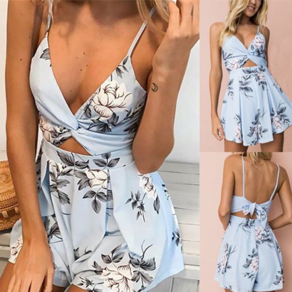 

Fashion Women Floral Print Beach Lady Short Sleeve V-Neck Sleeveless Tank Short Bodysuits