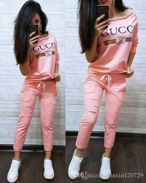

2020 pink 2pcs set women letter print clothes suits female tracksuit spring summer autumn new casual printing sports women's 2020 new, White