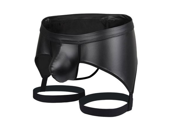 

2019 gay underwear men hollow back jockstrap faux leather lingerie male low waist u convex pouch boxers cueca calzoncillos, Black;white