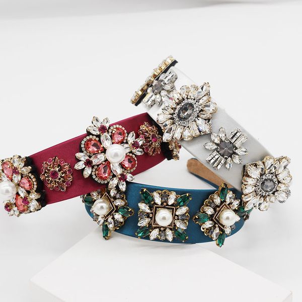 

new baroque fashion luxury color rhinestone pearl geometry headband dance trend trend personality wild headband 894, Golden;white