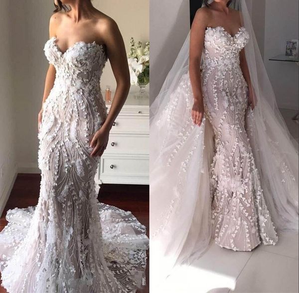 

Gorgeous Overskirts White Mermaid Wedding Dresses With Detachable Train Sweetheart 3D Appliques Personalized Wedding Dress Bridal Gowns