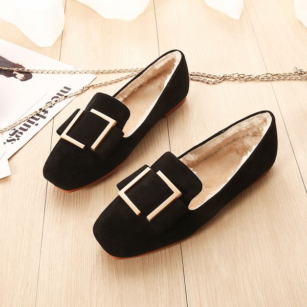 

metal decoration hairy flat shoes woman square toe slip on winter flats footwear socfy flock damesschoenen big size 34-43 s524, Black