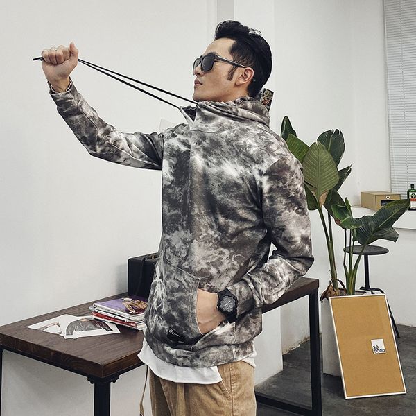 

early 2020 new long-sleeved round neck hooded tie-dye haze blue sweater men loose lazy trend slim hooded sweater, Black
