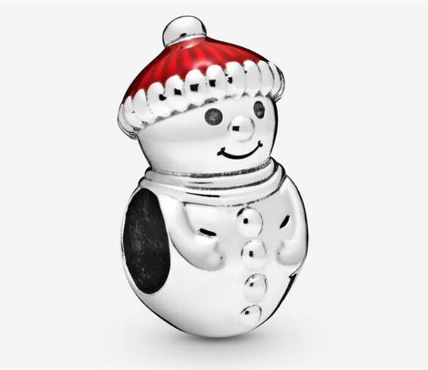 Authentischer Weihnachts-Schneemann-Charm mit rotem Winterhut, S925-Sterlingsilber, Perlenstich-Charms, passend für Pandora-Armbänder, DIY-Perlen