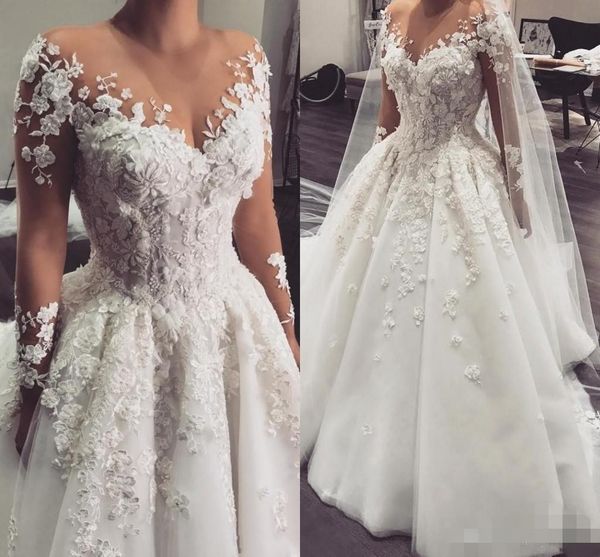 

sale long sleeves wedding dresses 3d floral applique tulle sweep train illusion scoop custom made wedding gown vestido de novia, White