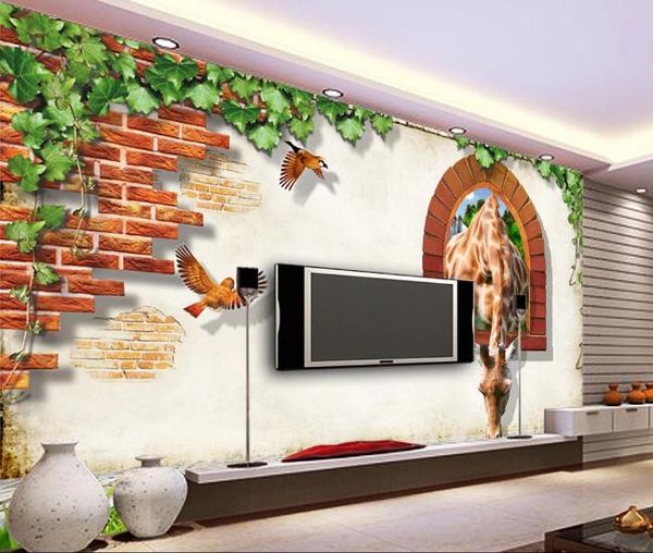 Carta da parati personalizzata Murale grande pittura murale moderna 3D stereoscopic3d muro di mattoni giraffe uccello verde foglia finestra soggiorno TV sfondo sfondo