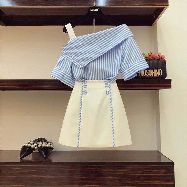 

2019 new summer fashion women's sets vertical stripes slash neck oblique shoulder blouses + short a-line skirts students suits, White