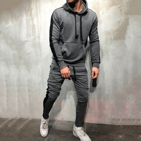 

fashion men tracksuit 2019 new autumn winter hooded sweatshirt +drawstring pants male stripe patchwork hoodies 2 pieces sets, Gray