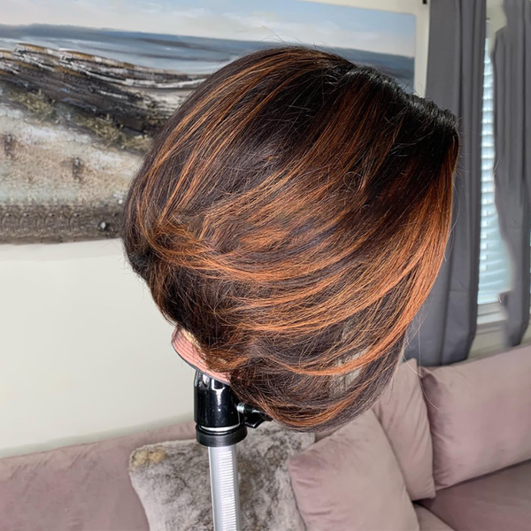 

colored ombre blonde 27 highlight lace front human hair wigs remy brazilian short straight bob 130% for women 13*4 pre plucked, Black;brown