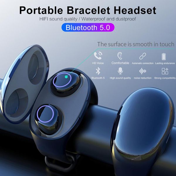 

Hm50 tw bluetooth 5 0 earphone portable bracelet wri t head et in ear port wirele fitne watch torage charger earphone for all phone