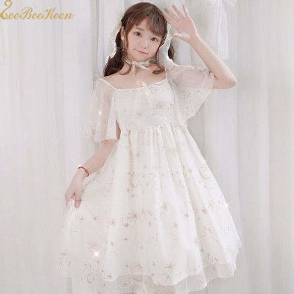 

girl blue/apricot short lolita dress sequins starry sky cosplay costume women summer suit chiffon sweet lolita clothes for adult, Black;red