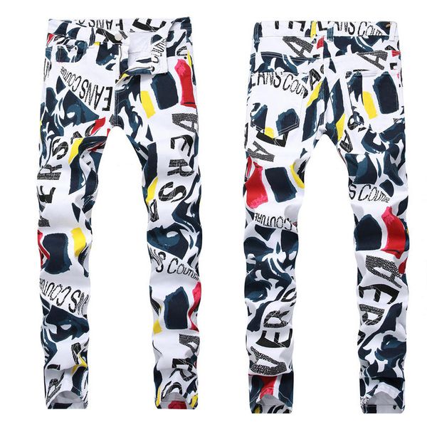 

men designer jeans fashion hip hop washed pattern print bleached long distrressed straight wholesale lr191228, Blue