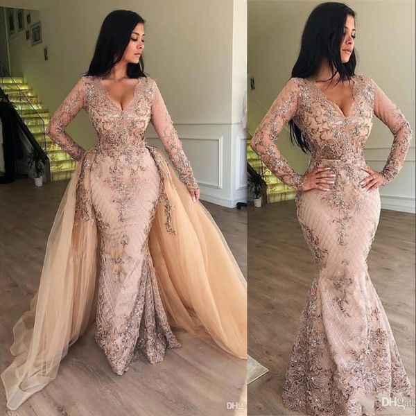 2022 Luxury Sexy Sereia vestidos de noite desgaste v pescoço mangas compridas lantejoulas lace apliques de rendas frisado com trem destacável Overskirts Plus Size Prom Festa Vestidos