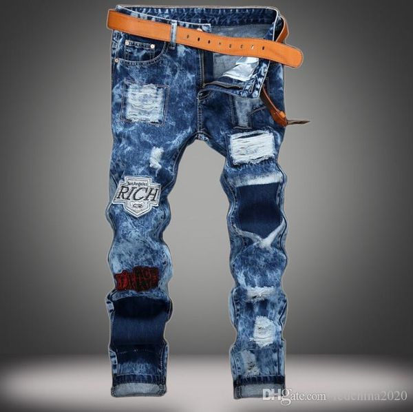 

fashion designer ripped vintage patchwork mens designer biker denim slim fit washed destroyed biker cowboy famous trousers 5479, Blue