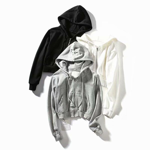 

women's slim loose hooded zip-up hoodie coat jogging hoodie slim solid color hoodie jogging top, Black