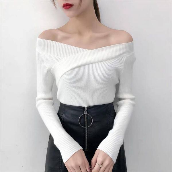 

slash neck long sleeve jumper female casual 2019 women long sleeve close-fitting slim sweaters loose off shoulder top, White;black