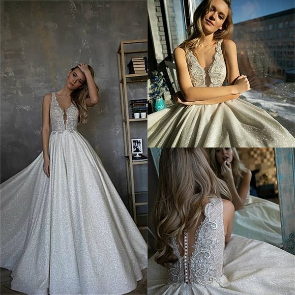 

glitter a-line wedding dresses v-neck sleeveless sequins pearls appliqued lace bridal gown sweep train custom made beach robes de mariÃ©e, White