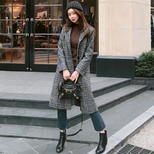 

women printed wool blend long coats slim type female elegant fashion outwears slim long sleeve overcoats, Black