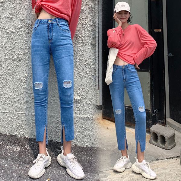 

2020 pants high-waisted elasticity slimming with holes jeans women's slit capri pants fashion, Blue