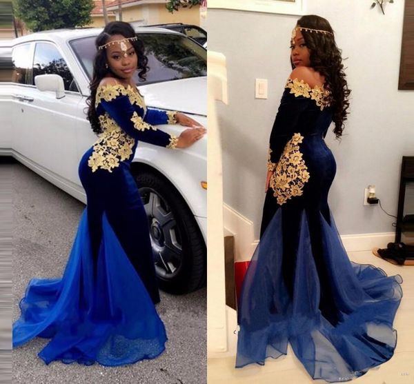 

royal blue mermaid evening dresses 2019 boat neck appliques velvet prom party gowns long sleeves abrabic girl formal evening wear, Black
