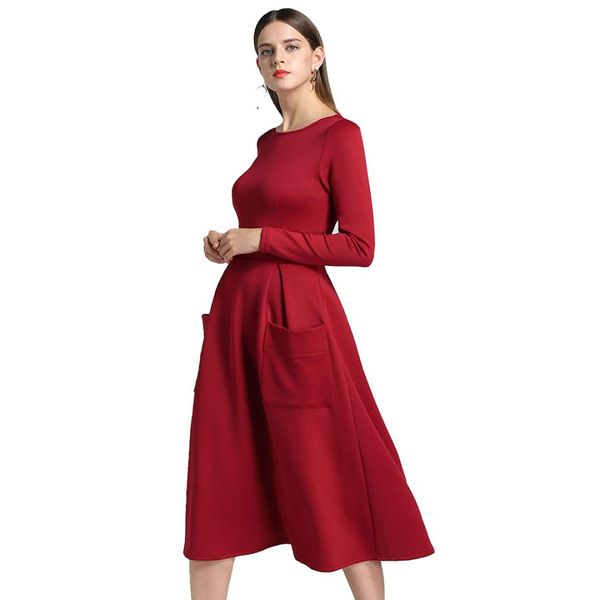 

office lady solid woman dress 2019 spring summer mid-calf full pockets women dresses o-neck empire vestido, Black;gray