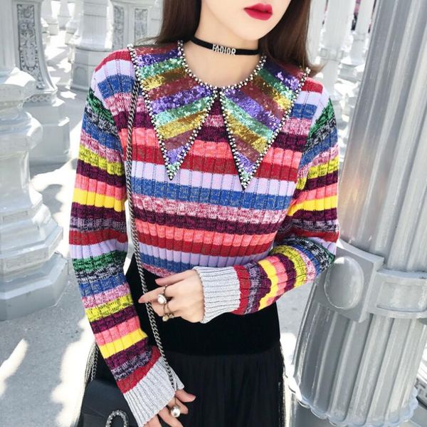 

rainbow sequins neck women sweater pullovers runway striped female christmas sweaters jumper clothes w393, White;black
