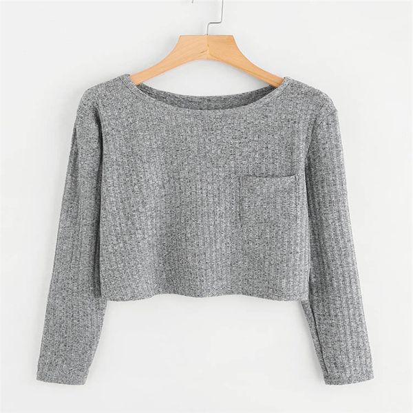 

women autumn plain sweater fashion leisure round neck long sleeved knit casual pocket basic style crop top, White;black