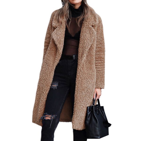 

winter long fleece furry coat women wool blends outerwear thickness warm female jacket high street casual loose overcoat 8l1388, Black